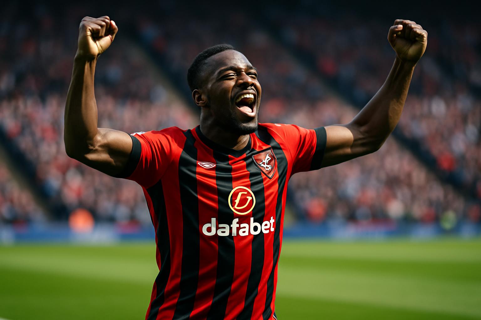 Pemain sepak bola Bournemouth, Antoine Semenyo, merayakan golnya di lapangan hijau.