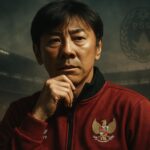 Shin Tae-yong dengan jaket timnas Indonesia di tengah siluet stadion dan logo PSSI, menunjukkan ketegangan dan harapan.