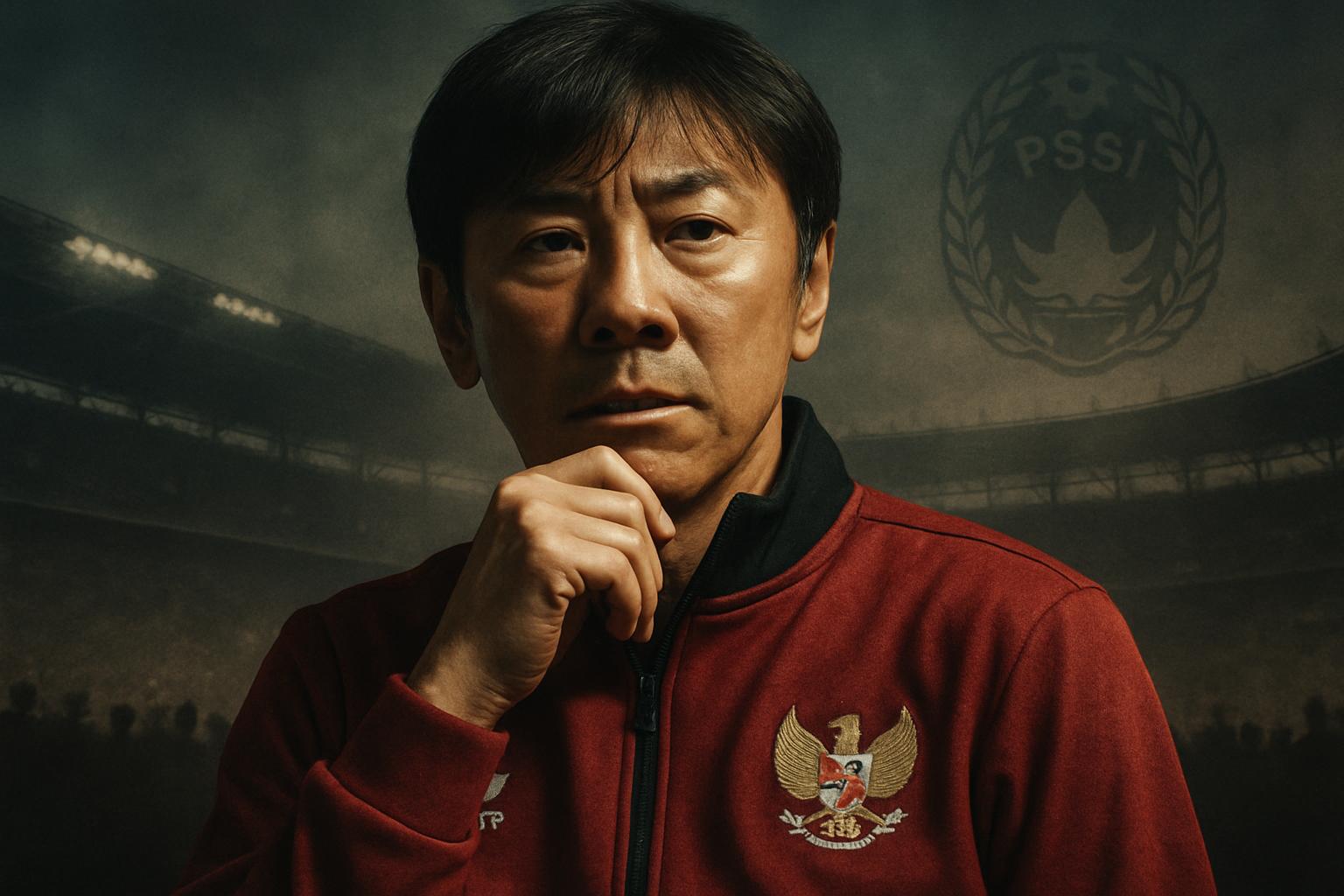Shin Tae-yong dengan jaket timnas Indonesia di tengah siluet stadion dan logo PSSI, menunjukkan ketegangan dan harapan.