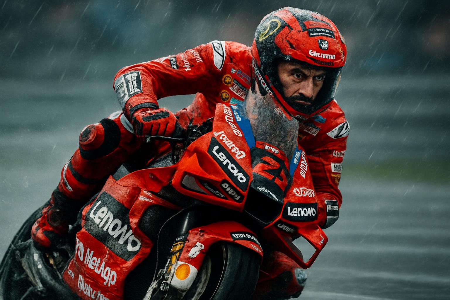 Francesco Bagnaia di motor Ducati saat hujan, ekspresi tegang setelah serangkaian kejatuhan di MotoGP 2025