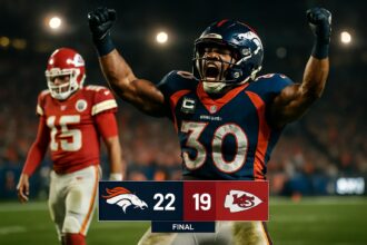 Pemain Denver Broncos merayakan kemenangan dramatis atas Kansas City Chiefs, skor 22-19.