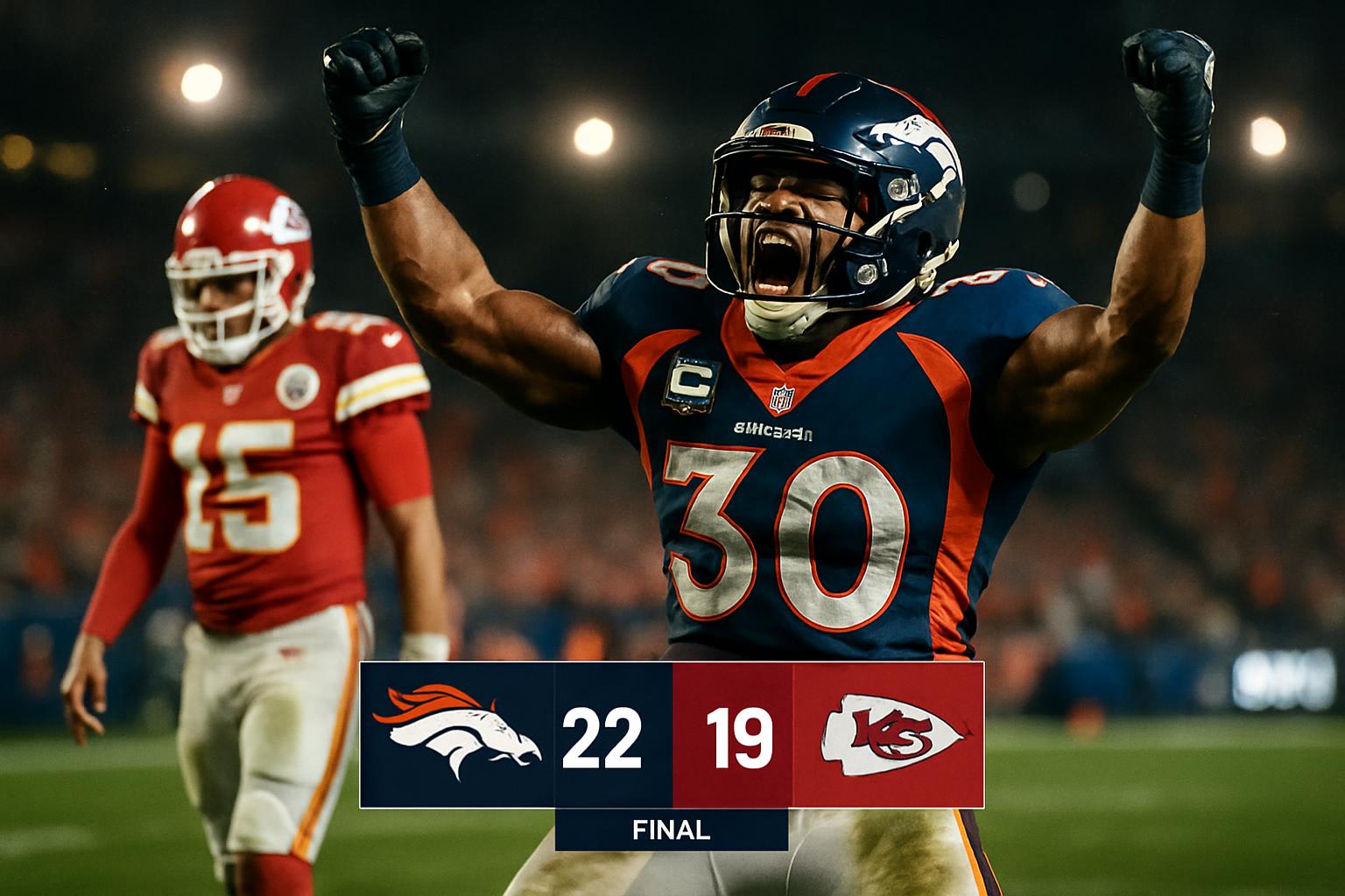Pemain Denver Broncos merayakan kemenangan dramatis atas Kansas City Chiefs, skor 22-19.
