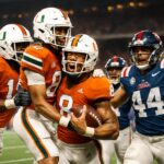 Pemain College Football Playoff (CFP) merayakan di lapangan dengan latar belakang stadion yang ramai.