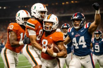 Pemain College Football Playoff (CFP) merayakan di lapangan dengan latar belakang stadion yang ramai.