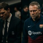 Xabi Alonso dan Hansi Flick dalam bingkai terpisah, melambangkan gejolak internal Real Madrid dan Barcelona.