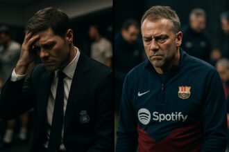 Xabi Alonso dan Hansi Flick dalam bingkai terpisah, melambangkan gejolak internal Real Madrid dan Barcelona.