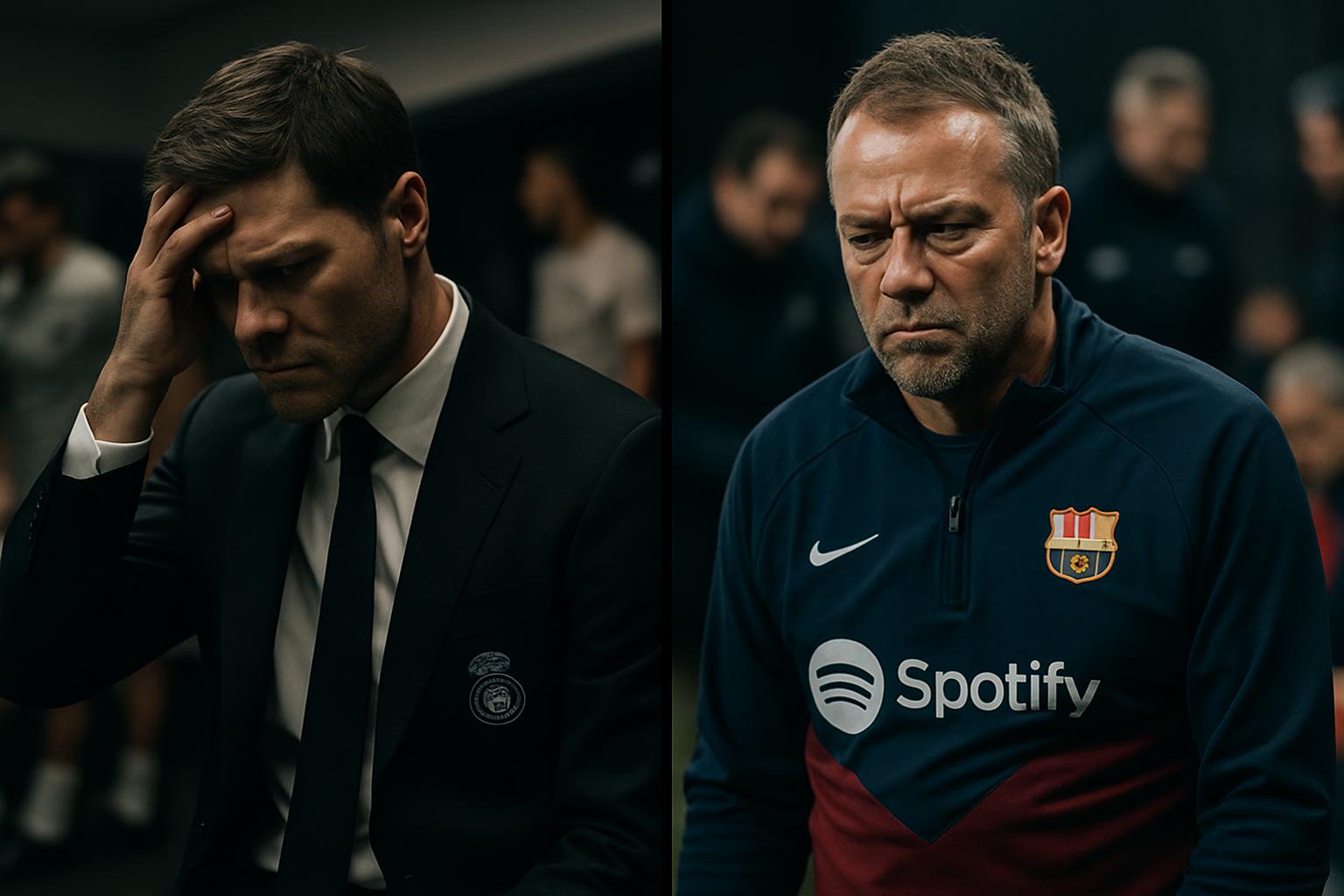 Xabi Alonso dan Hansi Flick dalam bingkai terpisah, melambangkan gejolak internal Real Madrid dan Barcelona.