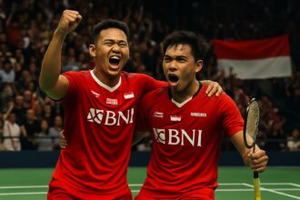 Fajar Alfian dan Muhammad Shohibul Fikri merayakan kemenangan di lapangan bulutangkis Australia Open.