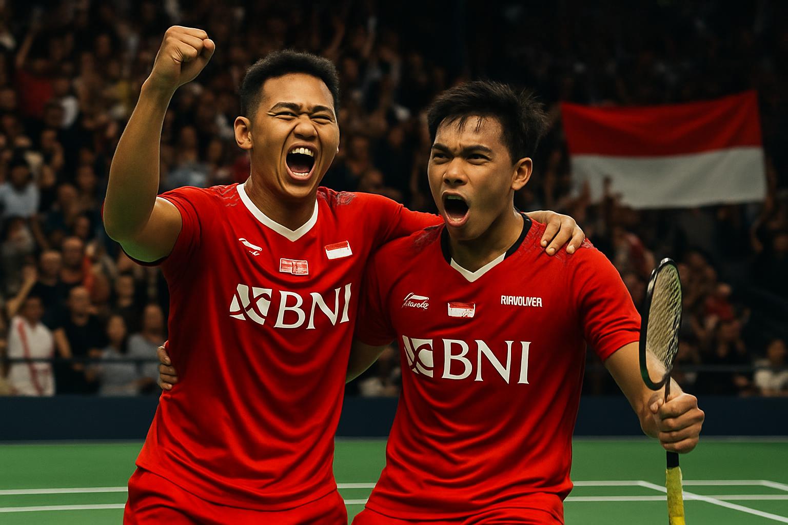 Fajar Alfian dan Muhammad Shohibul Fikri merayakan kemenangan di lapangan bulutangkis Australia Open.