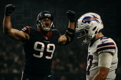 Pemain Houston Texans merayakan kemenangan dramatis atas Buffalo Bills dengan latar belakang braket playoff NFL