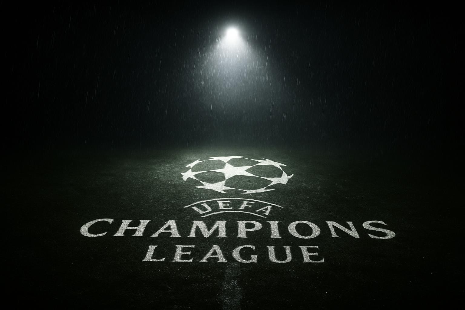 Logo Liga Champions UEFA di tengah lapangan yang gelap, melambangkan drama dan ketegangan.