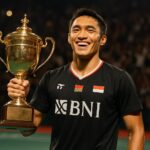 Jonatan Christie tersenyum memegang trofi Hylo Open 2025