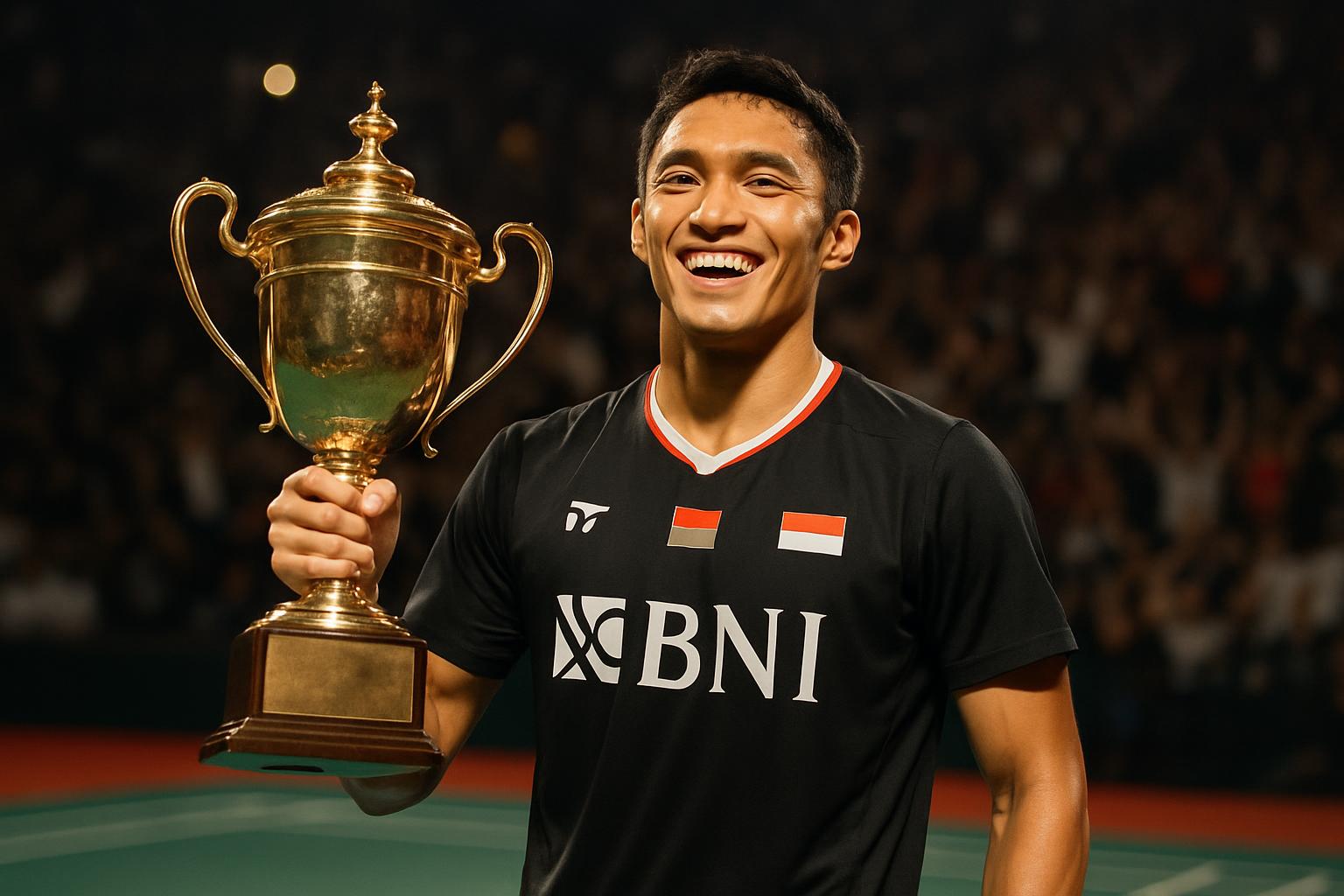 Jonatan Christie tersenyum memegang trofi Hylo Open 2025