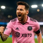 Lionel Messi merayakan gol untuk Inter Miami di babak Playoff MLS 2025