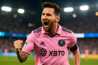 Lionel Messi merayakan gol untuk Inter Miami di babak Playoff MLS 2025