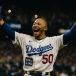 Mookie Betts merayakan kemenangan Dodgers setelah memukul single penentu di Game 6 World Series 2025