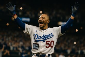 Mookie Betts merayakan kemenangan Dodgers setelah memukul single penentu di Game 6 World Series 2025