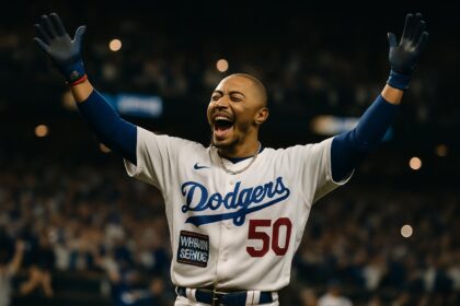 Mookie Betts merayakan kemenangan Dodgers setelah memukul single penentu di Game 6 World Series 2025