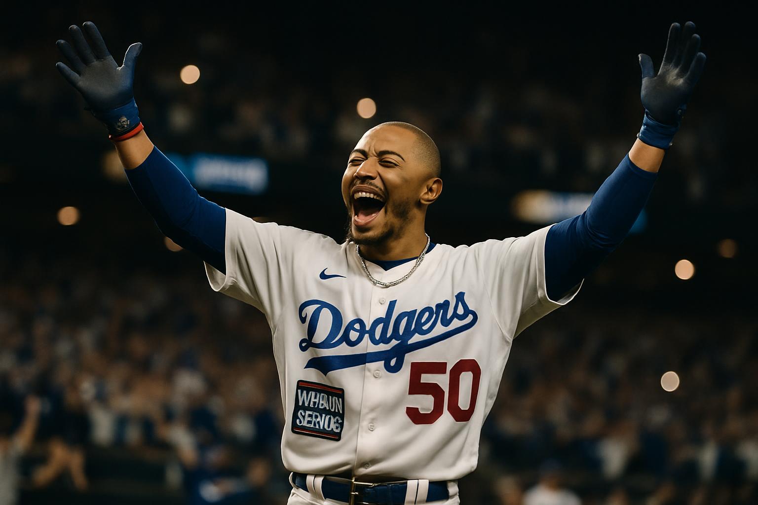 Mookie Betts merayakan kemenangan Dodgers setelah memukul single penentu di Game 6 World Series 2025