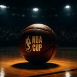 Foto aksi pemain basket NBA Cup 2025, fokus pada bola basket dengan logo turnamen dan sorotan lampu arena yang dramatis.