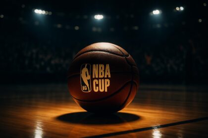 Foto aksi pemain basket NBA Cup 2025, fokus pada bola basket dengan logo turnamen dan sorotan lampu arena yang dramatis.