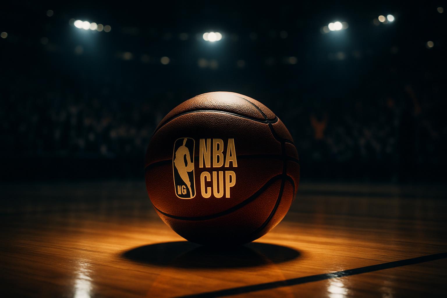 Foto aksi pemain basket NBA Cup 2025, fokus pada bola basket dengan logo turnamen dan sorotan lampu arena yang dramatis.