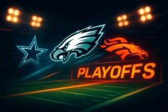 Ilustrasi persaingan NFL Playoff Race, dengan logo tim-tim utama seperti Cowboys, Eagles, dan Broncos.