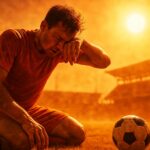 Pemain sepak bola kelelahan dan menyeka keringat di lapangan yang panas terik, ilustrasi panas ekstrem di Piala Dunia.