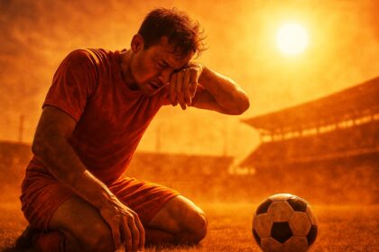 Pemain sepak bola kelelahan dan menyeka keringat di lapangan yang panas terik, ilustrasi panas ekstrem di Piala Dunia.