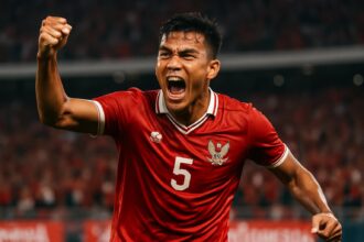 Rizky Ridho merayakan gol spektakuler yang masuk nominasi Puskas Award 2025