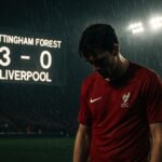 Pemain Liverpool yang kecewa di bawah hujan dengan papan skor Nottingham Forest 3-0 Liverpool