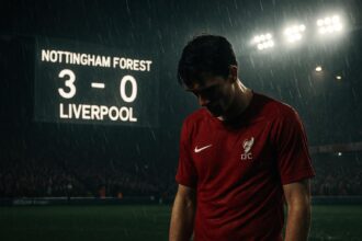 Pemain Liverpool yang kecewa di bawah hujan dengan papan skor Nottingham Forest 3-0 Liverpool