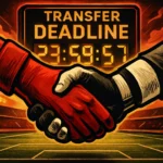 Ilustrasi jabat tangan dramatis di stadion dengan jam hitung mundur "Transfer Deadline", melambangkan bursa transfer yang memanas.