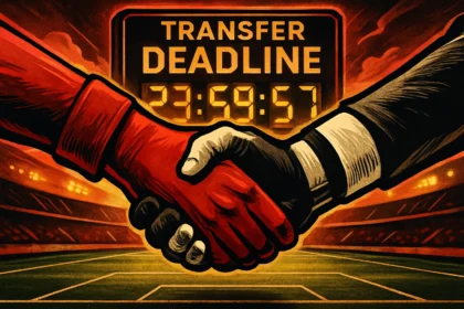 Ilustrasi jabat tangan dramatis di stadion dengan jam hitung mundur "Transfer Deadline", melambangkan bursa transfer yang memanas.