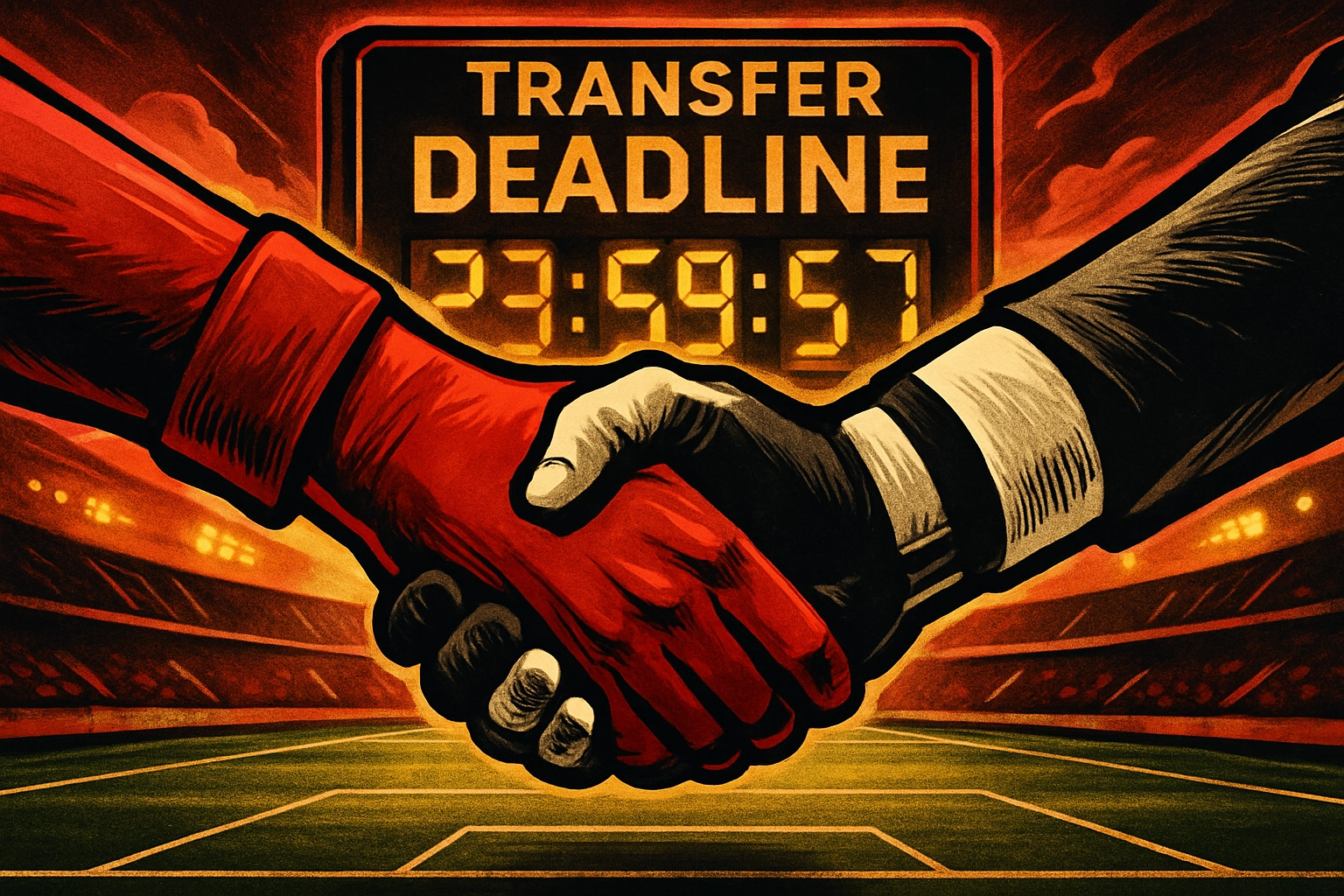 Ilustrasi jabat tangan dramatis di stadion dengan jam hitung mundur "Transfer Deadline", melambangkan bursa transfer yang memanas.