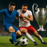 Dua pemain sepak bola berebut bola dengan latar belakang trofi besar, melambangkan intensitas Copa League.