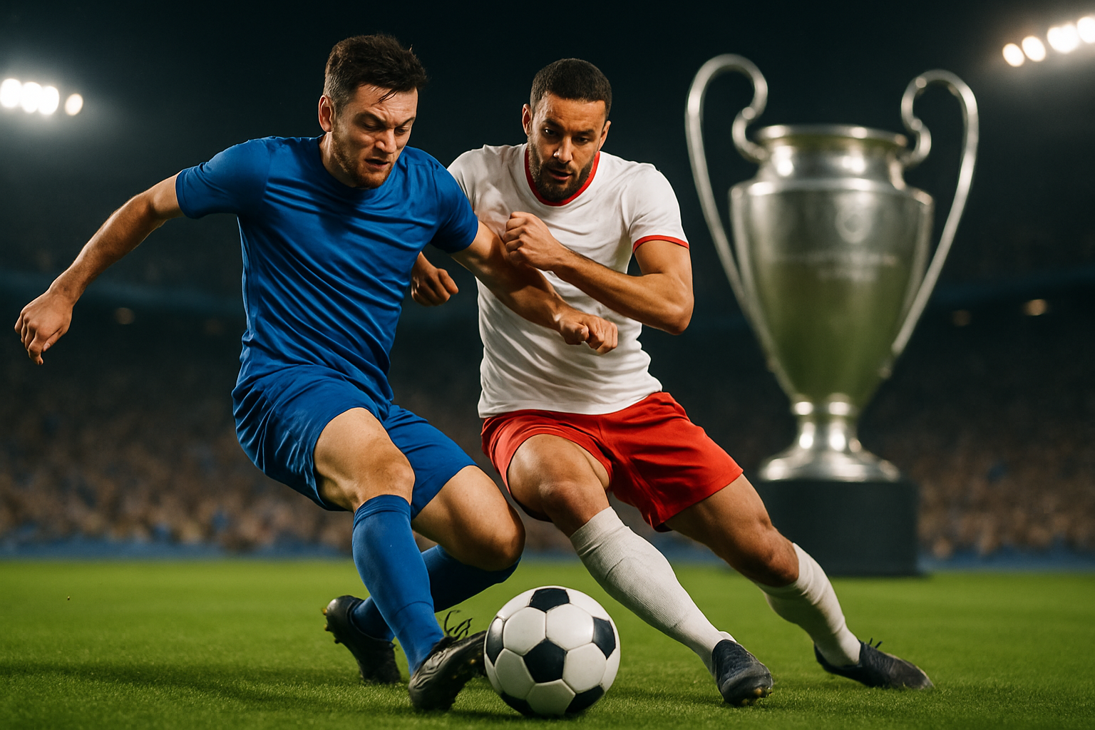 Dua pemain sepak bola berebut bola dengan latar belakang trofi besar, melambangkan intensitas Copa League.