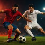 Dua pemain sepak bola EPL berebut bola di lapangan dengan latar belakang stadion yang menyala, melambangkan persaingan yang memanas.