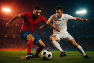 Dua pemain sepak bola EPL berebut bola di lapangan dengan latar belakang stadion yang menyala, melambangkan persaingan yang memanas.