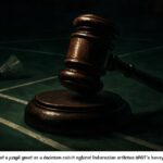 Ilustrasi palu hakim di lapangan bulutangkis, melambangkan sanksi berat BWF terhadap atlet Indonesia.