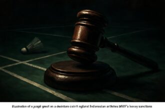 Ilustrasi palu hakim di lapangan bulutangkis, melambangkan sanksi berat BWF terhadap atlet Indonesia.