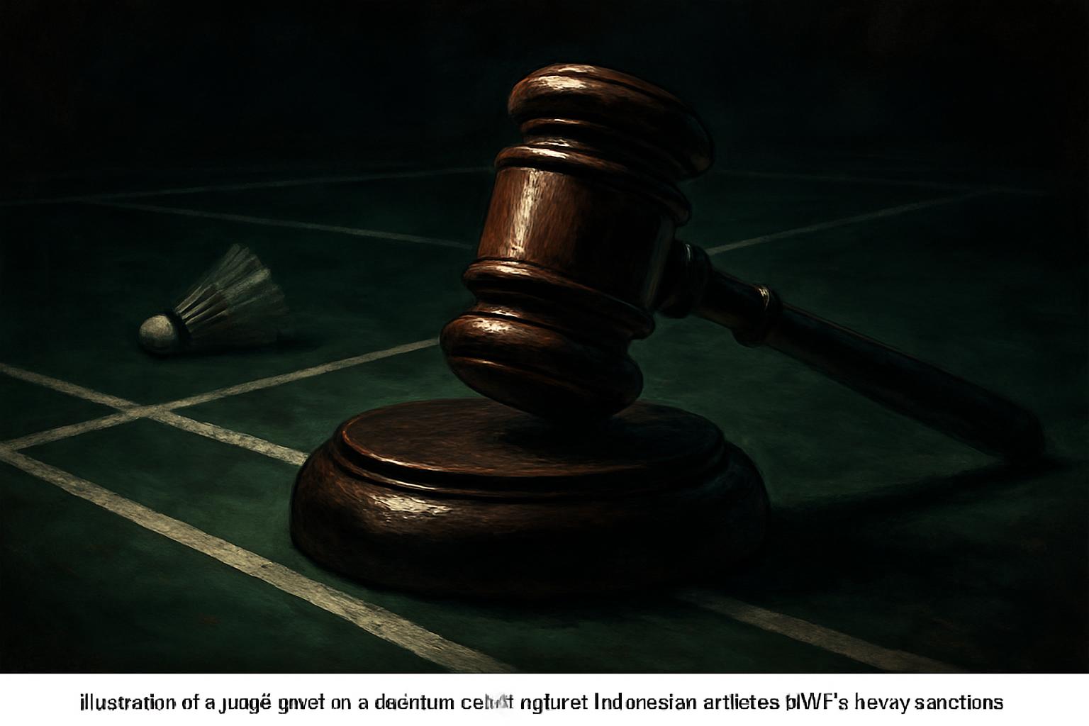 Ilustrasi palu hakim di lapangan bulutangkis, melambangkan sanksi berat BWF terhadap atlet Indonesia.