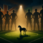 Siluet kuda hitam di tengah lapangan sepak bola, disorot lampu, melambangkan fenomena Kuda Hitam Eropa.