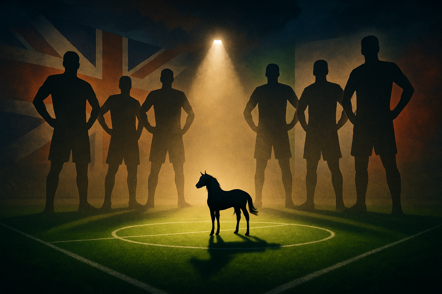 Siluet kuda hitam di tengah lapangan sepak bola, disorot lampu, melambangkan fenomena Kuda Hitam Eropa.