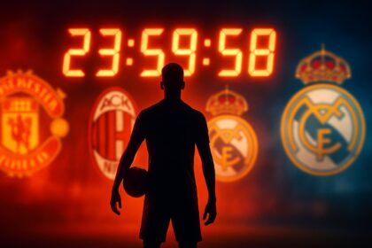 Ilustrasi bursa transfer musim dingin 2026 dengan siluet pemain sepak bola dan logo klub-klub besar Eropa