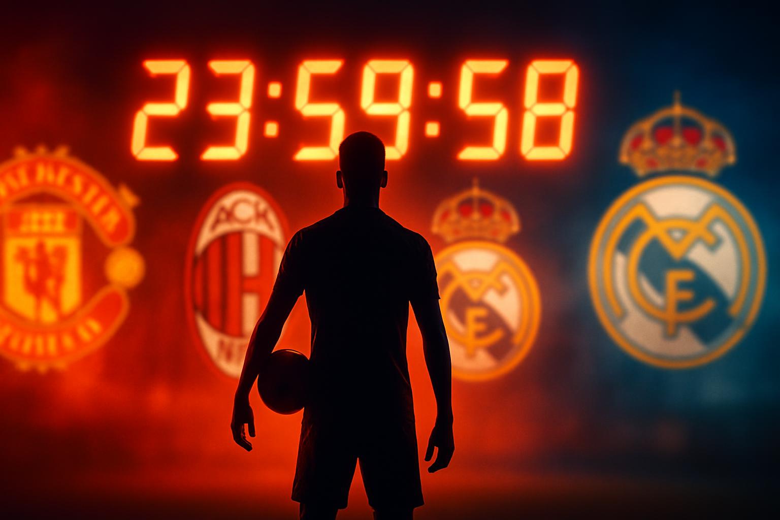 Ilustrasi bursa transfer musim dingin 2026 dengan siluet pemain sepak bola dan logo klub-klub besar Eropa