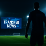 Ilustrasi bursa transfer sepak bola dunia dengan latar belakang stadion dan layar berita transfer.