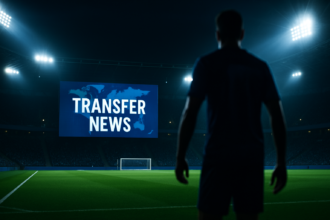 Ilustrasi bursa transfer sepak bola dunia dengan latar belakang stadion dan layar berita transfer.