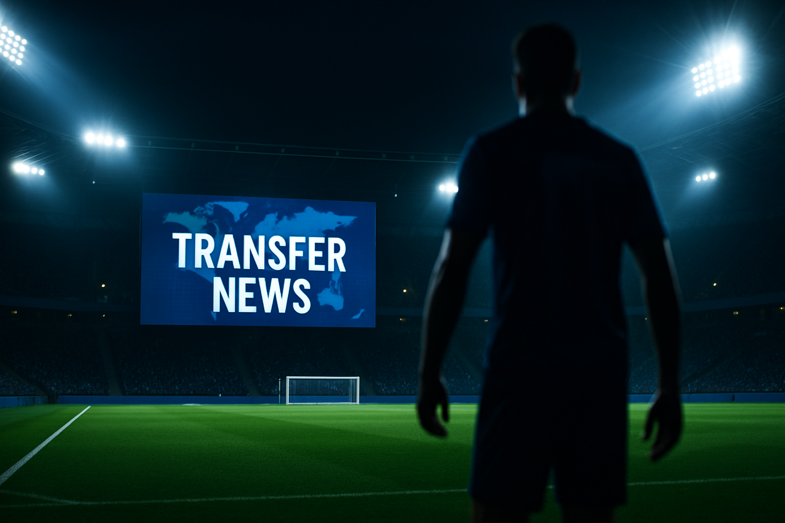 Ilustrasi bursa transfer sepak bola dunia dengan latar belakang stadion dan layar berita transfer.