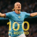 Erling Haaland merayakan gol ke-100 di Liga Inggris, memecahkan rekor tercepat.